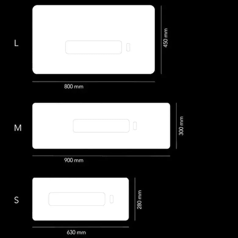 Technische Zeichnung von drei Schreibtischunterlagen in den Größen L, M und S mit den jeweiligen Abmessungen in Millimetern: L (800 mm x 450 mm), M (900 mm x 300 mm), S (630 mm x 280 mm), dargestellt auf schwarzem Hintergrund.