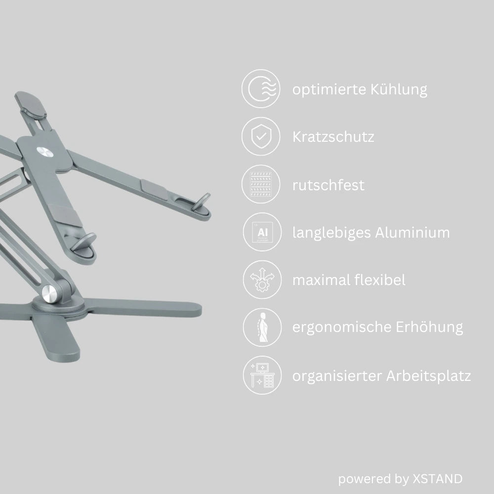 XSTAND Laptophalter mit Symbolübersicht: Optimierte Kühlung, Kratzschutz, rutschfest, langlebiges Aluminium, flexibel und ergonomisch.