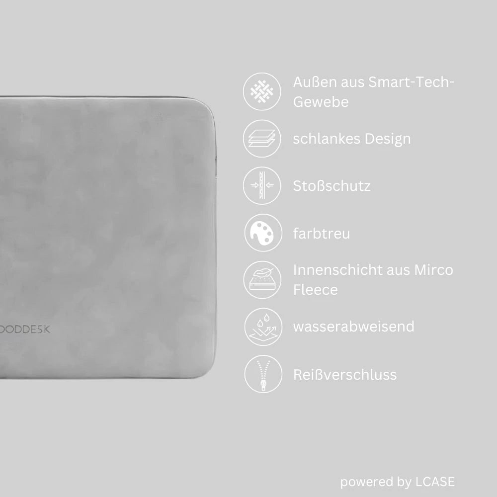 Hellgraue LCASE Laptop-Hülle aus Smart-Tech-Gewebe mit schlankem Design, Stoßschutz und farbechtem Material. Die Innenschicht besteht aus weichem Microfleece. Die Hülle ist wasserabweisend und verfügt über einen Reißverschluss. Produktbeschreibung zeigt sechs Vorteile der Hülle.