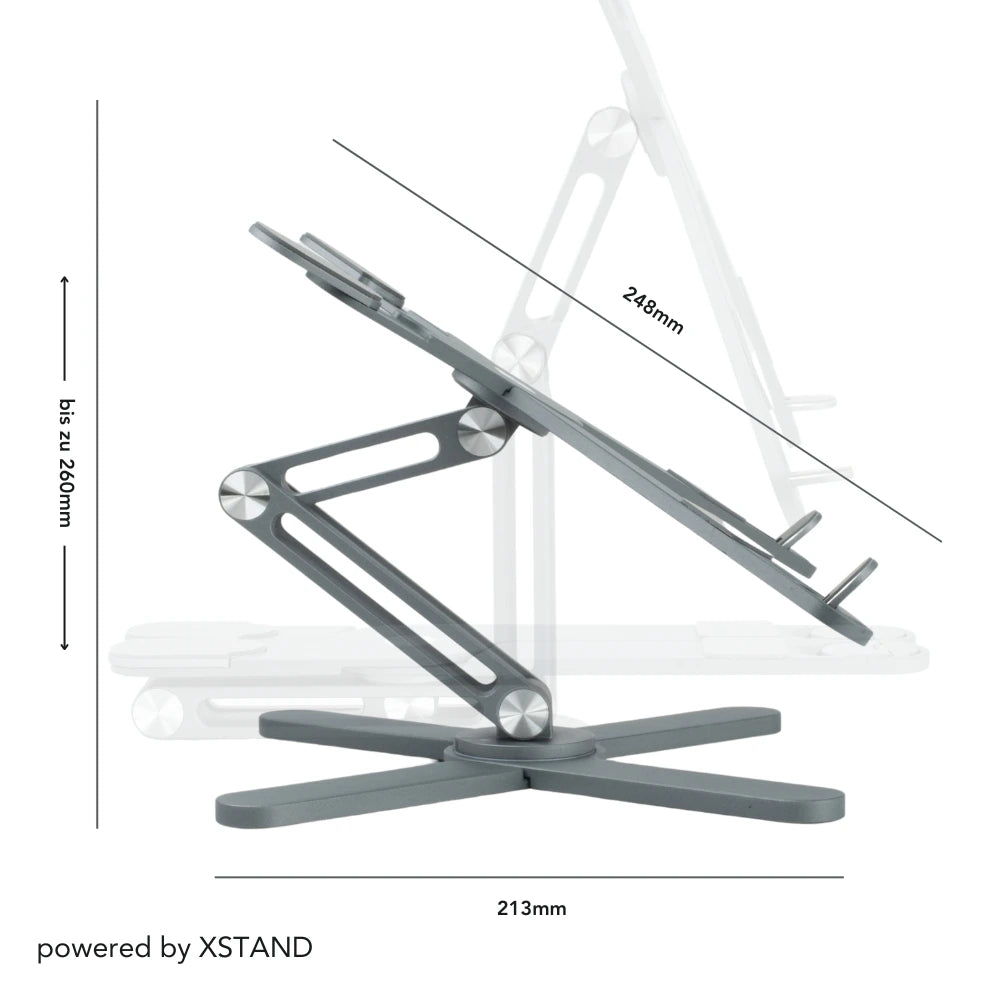 XSTAND Laptophalter mit detaillierten Maßen: Höhe bis zu 260 mm, Breite 213 mm, Länge 248 mm, ideal für ergonomische Arbeitsplatzanpassungen.